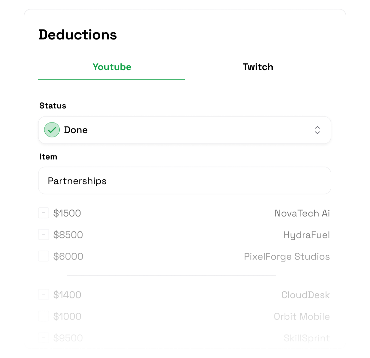 Multi-platform income import dashboard showing YouTube and Twitch integrations
